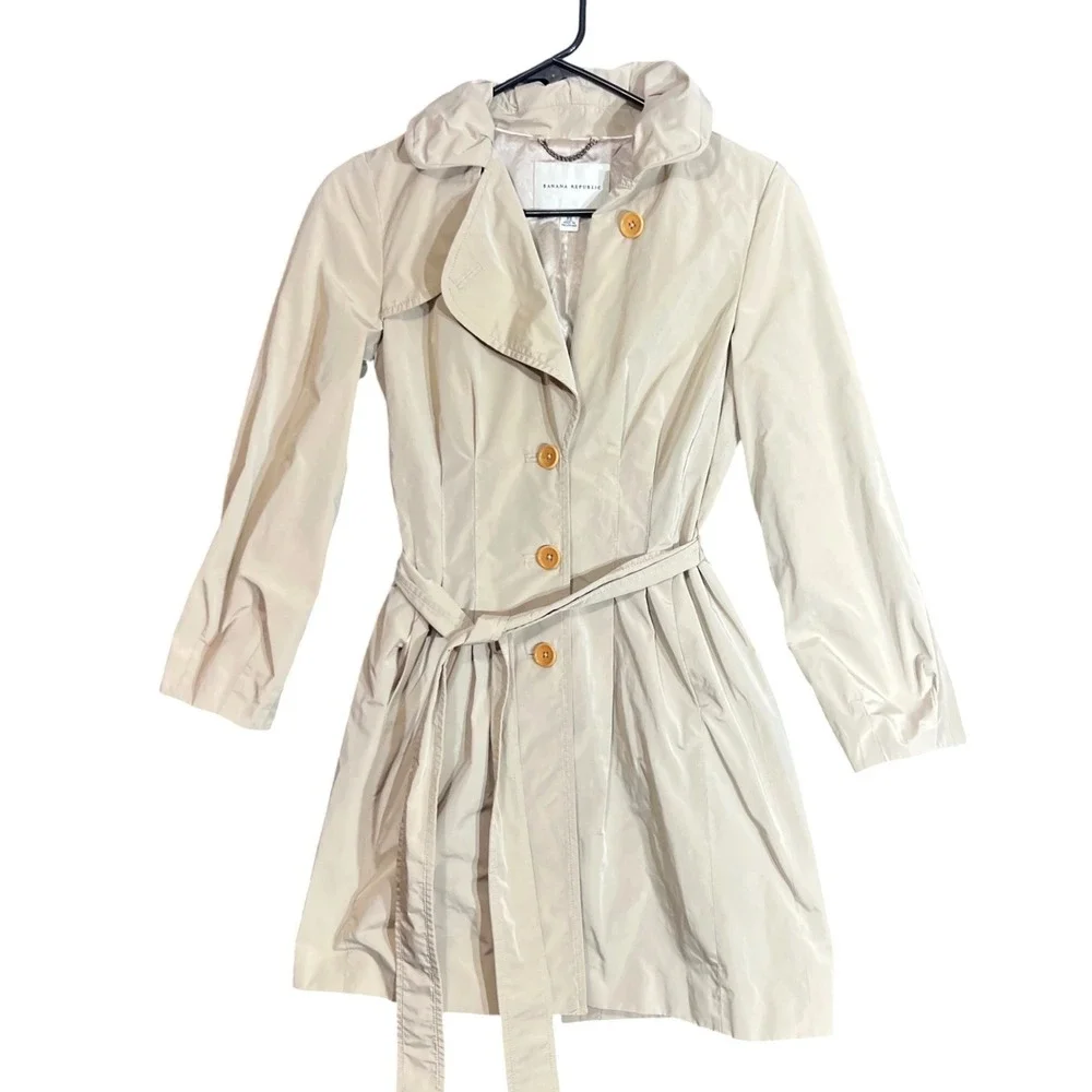 Banana Republic Womens Size XS Petites Trench Coat Champagne Belted Jacket - Picture 2 of 16